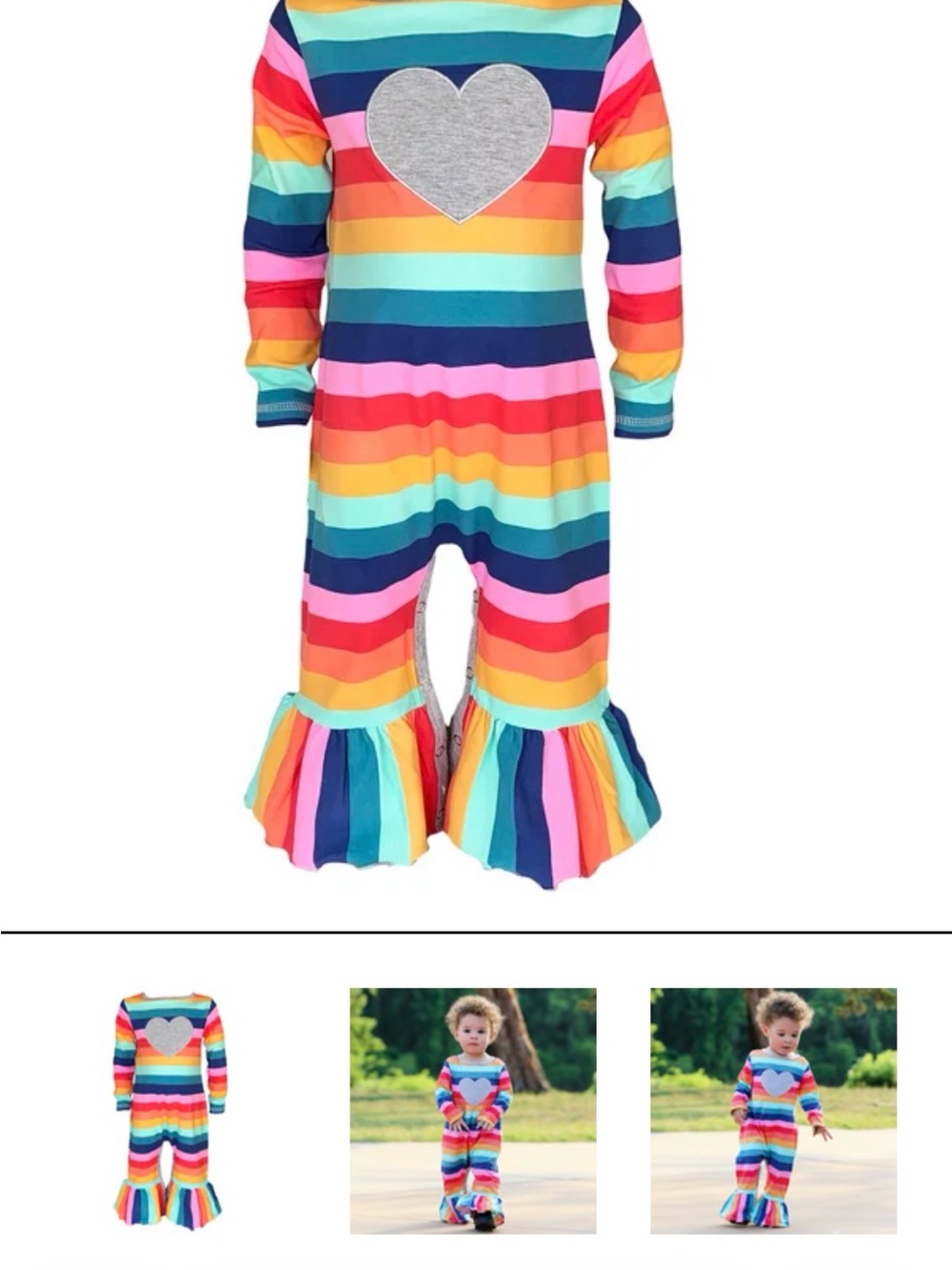 Ann Loren Girls' Rainbow Stripe Heart One-Piece Romper - Multicolor